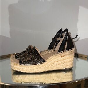 Franco Sarto Black and Cream Espadrille Wedge Sandals